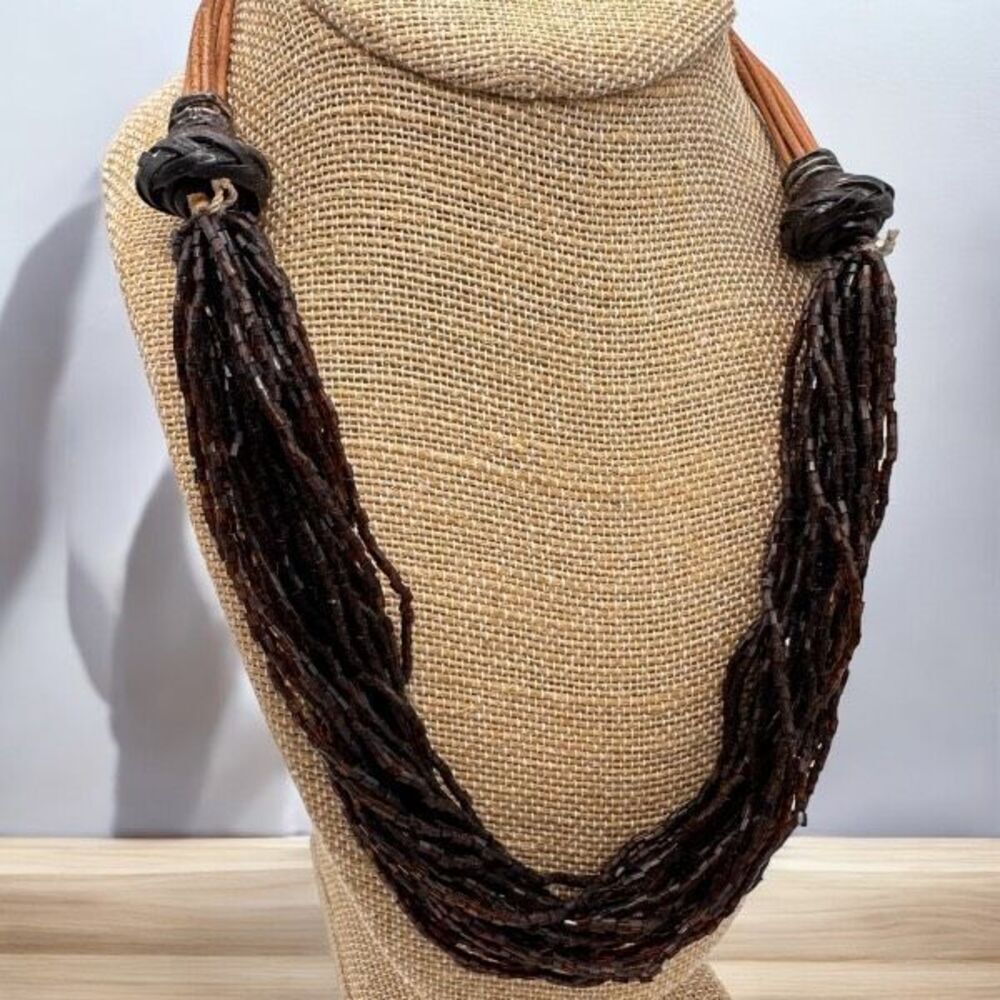 Chico’s black beaded layered multi-strand twisted necklace leather cord Chunky